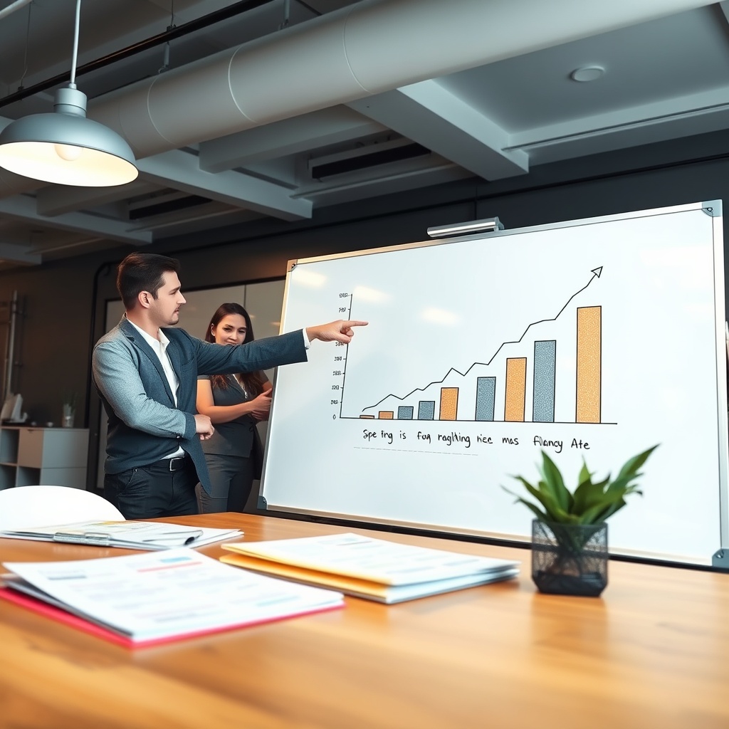 Professional stock photo of a businessperson pointing at a growth chart on a whiteboard, with team collaboration in the background and financial planning documents on a table, representing scaling a freelance business.