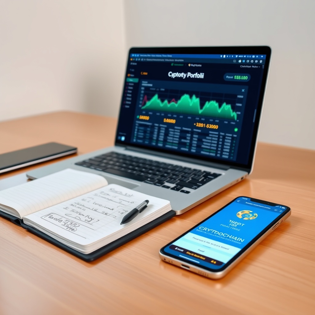Professional stock photo of a modern office desk with a laptop displaying cryptocurrency portfolio tracking software, a notebook with handwritten calculations, and a smartphone showing blockchain explorer data, with clean minimalist background.