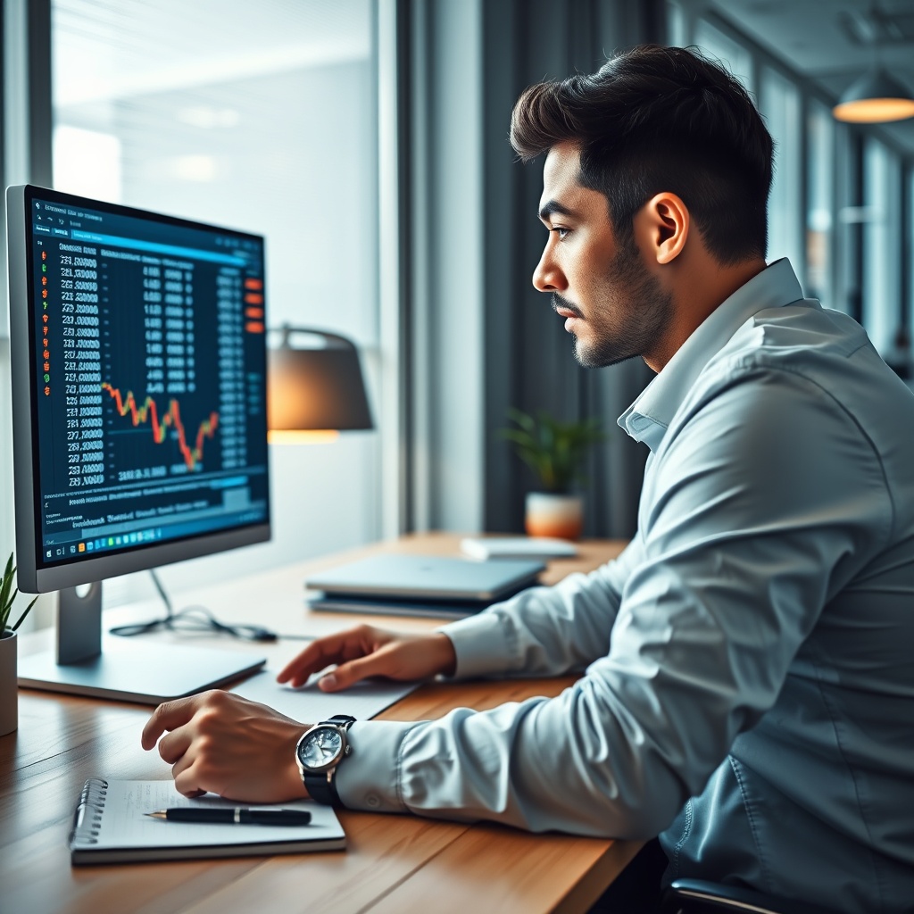Professional stock photo of a person looking thoughtfully at a computer screen showing complex cryptocurrency transaction data, with a notepad and pen nearby, in a well-lit modern office setting.