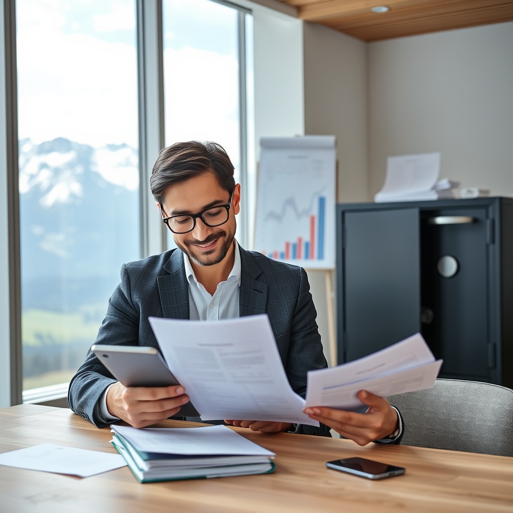 Professional stock photo of retirement and insurance planning for freelancers in Liechtenstein, showing a diverse professional reviewing pension documents and insurance policies on a tablet, with a secure safe and investment portfolio charts in the background, set in a modern office with Swiss Alps view, representing risk mitigation and long-term financial security.