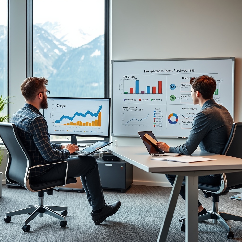 Professional stock photo of scaling a freelance business in Liechtenstein, depicting a successful freelancer transitioning to team leadership, with financial growth charts on a monitor, team collaboration on a digital whiteboard showing budget planning, and a modern office space with Alpine backdrop, representing business expansion and financial transitions.