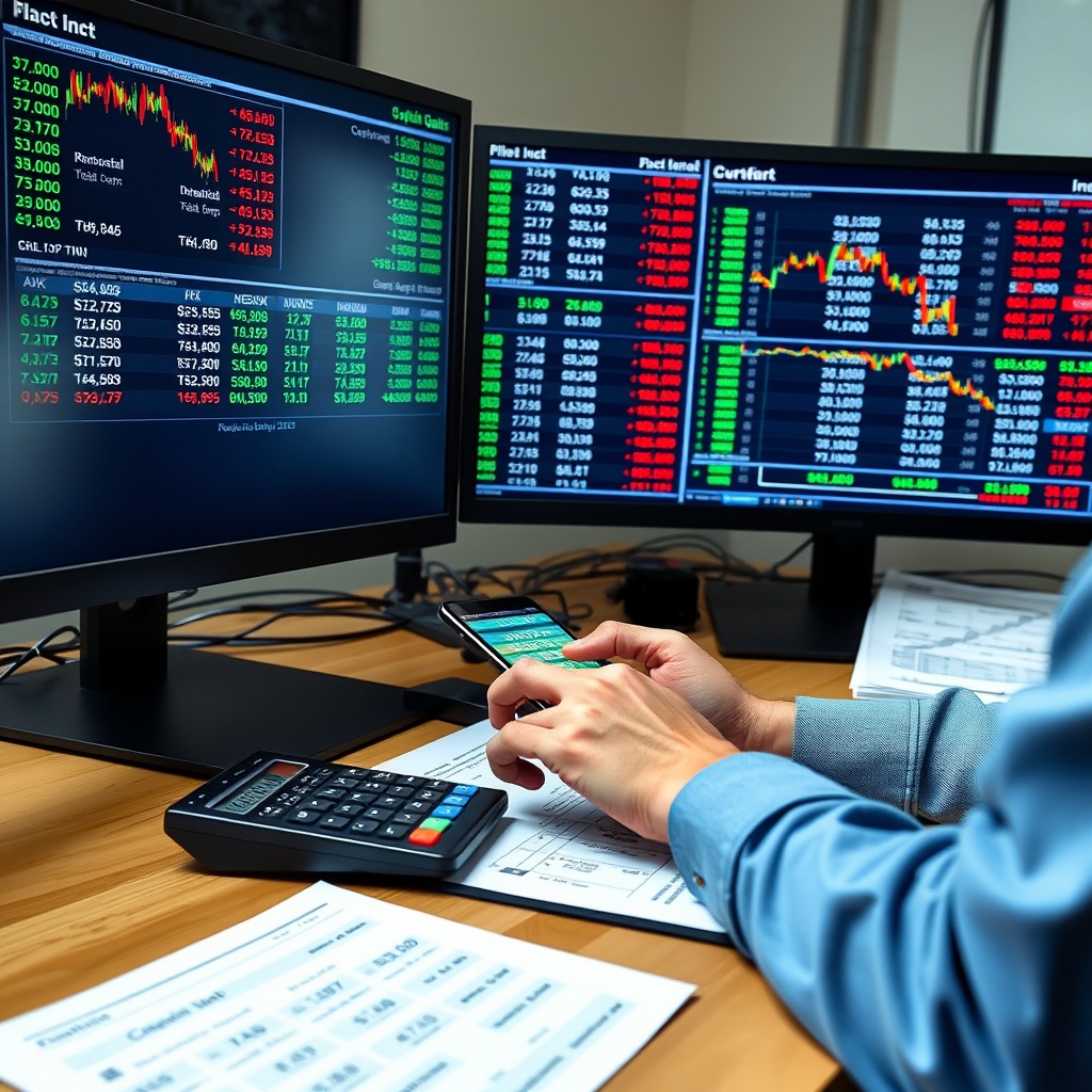Professional stock photo of a person analyzing cryptocurrency transaction data on multiple screens, with calculator and financial documents nearby, representing capital gains calculation.