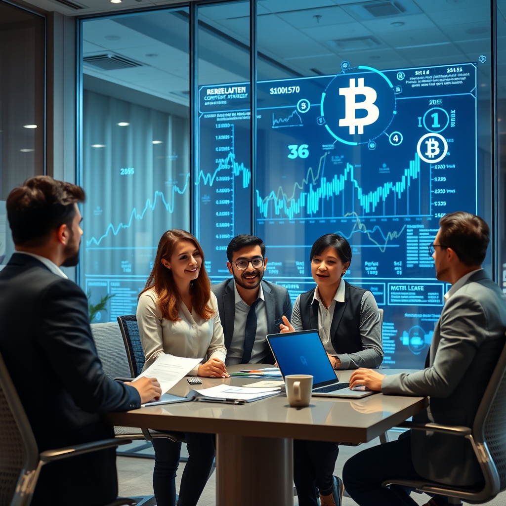 Professional stock photo of a modern office with business professionals discussing corporate strategy, with digital charts and blockchain symbols visible in the background.