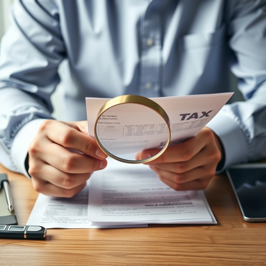 Professional stock photo of a person carefully reviewing tax documents with a magnifying glass, highlighting attention to detail and avoiding mistakes.