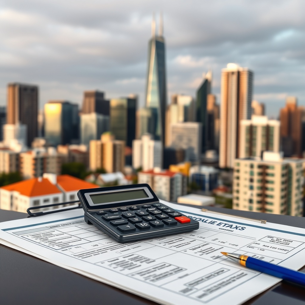 Professional stock photo of a modern city skyline with residential and commercial buildings, showing property valuation documents and a calculator on a desk, representing real estate tax modifications.