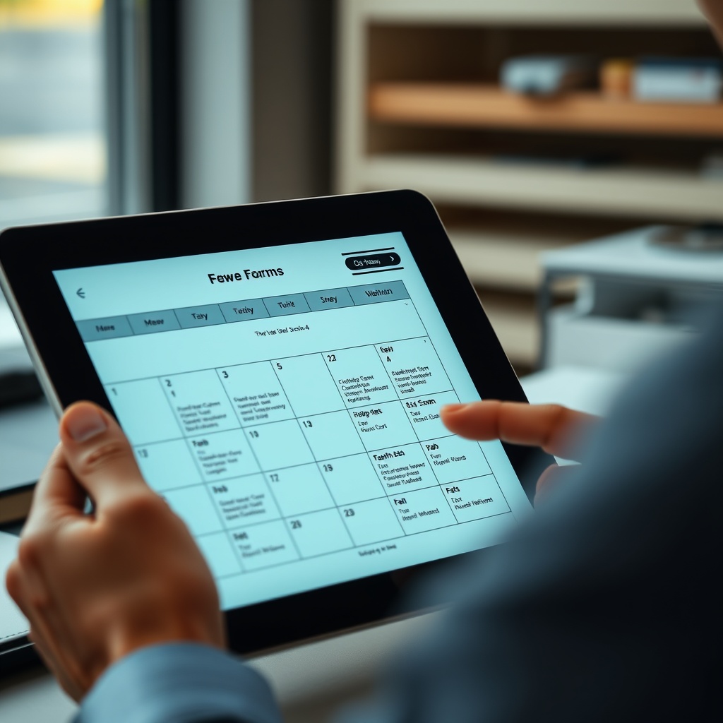Professional stock photo of a person reviewing digital tax forms on a tablet, with a calendar showing quarterly dates, representing compliance requirements and deadlines.