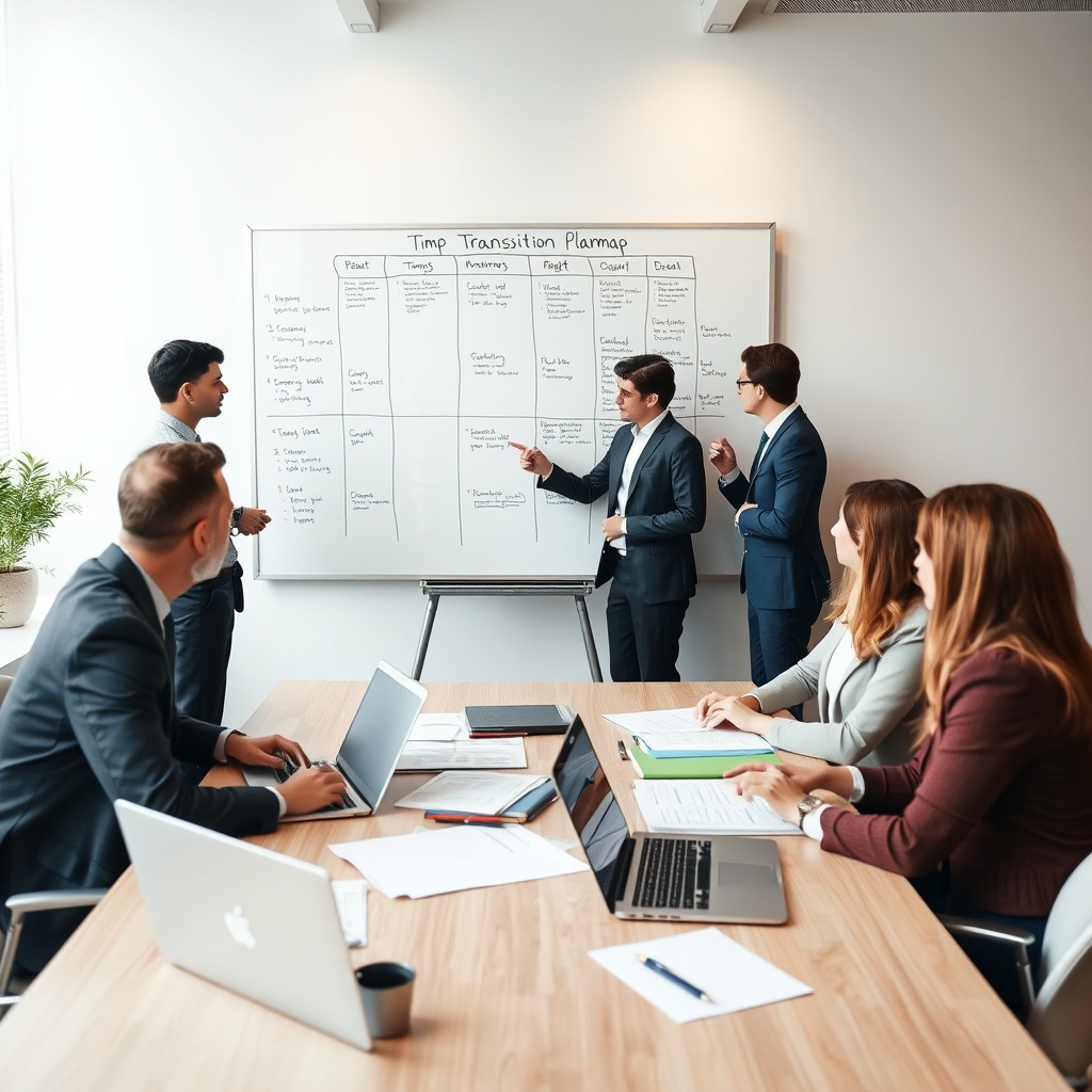 Professional stock photo of a business team in an office discussing a transition plan on a whiteboard, with laptops and documents, representing implementation roadmap for organizations.