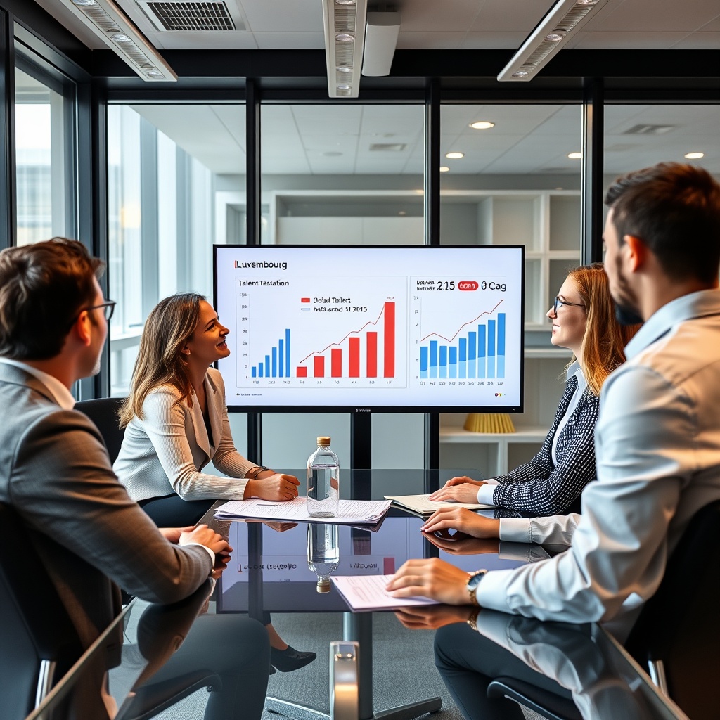 Professional stock photo of a diverse group of professionals in a modern Luxembourg office, discussing talent attraction strategies with charts and graphs on a screen, representing individual taxation impact.