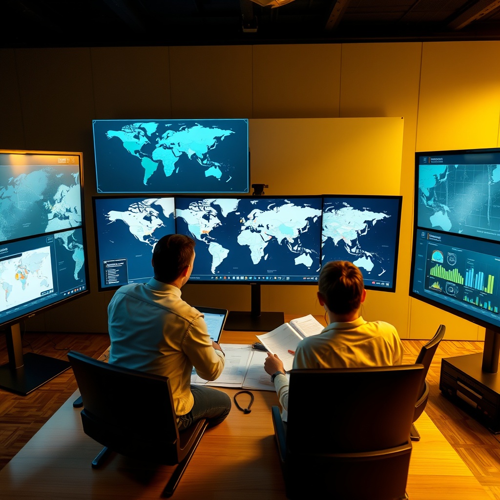 Professional stock photo of a global business team analyzing international tax documents and digital maps on multiple monitors, symbolizing navigation of global minimum tax implementation.