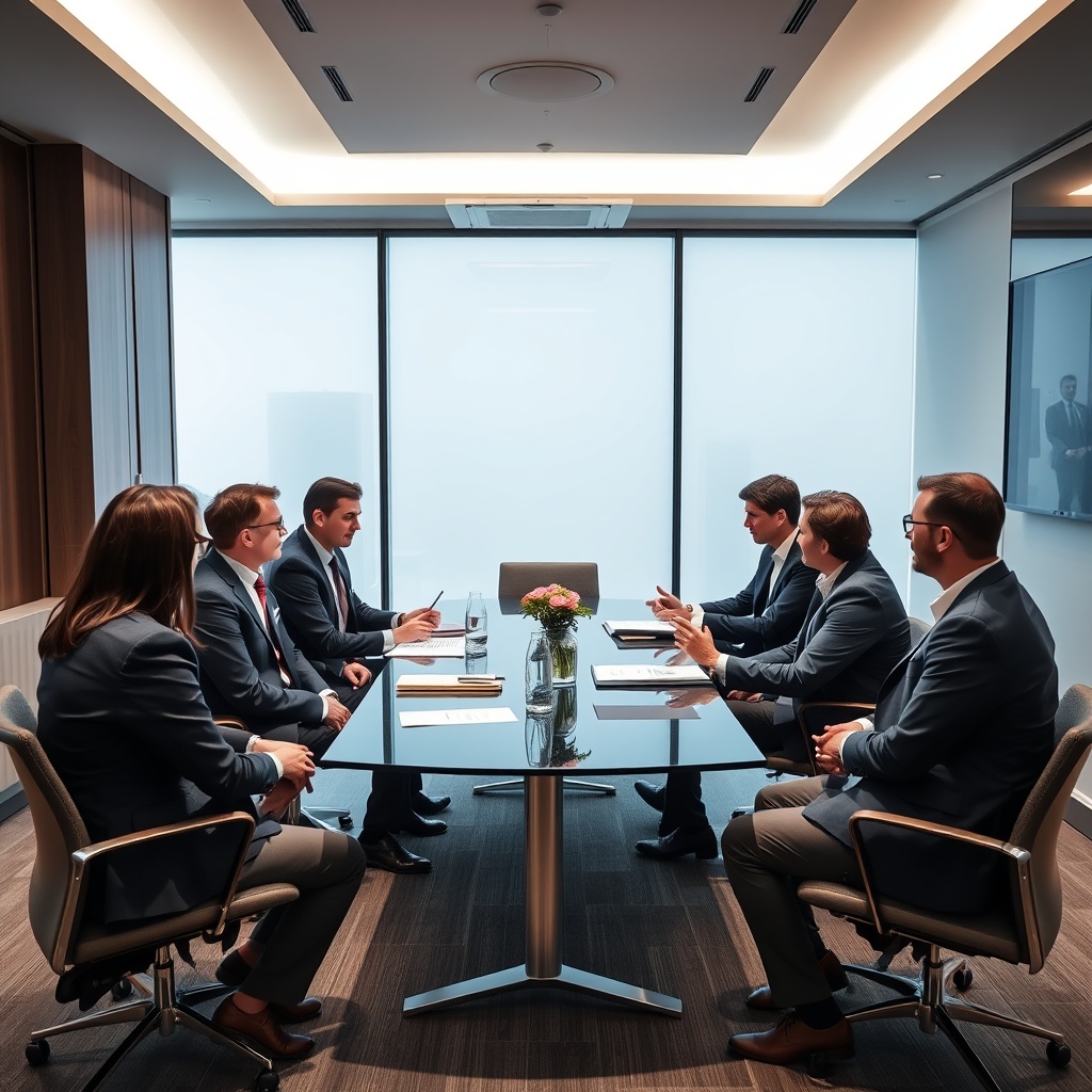Professional stock photo of a sophisticated investment fund meeting in a Luxembourg financial district boardroom, with private equity professionals reviewing portfolio structures.