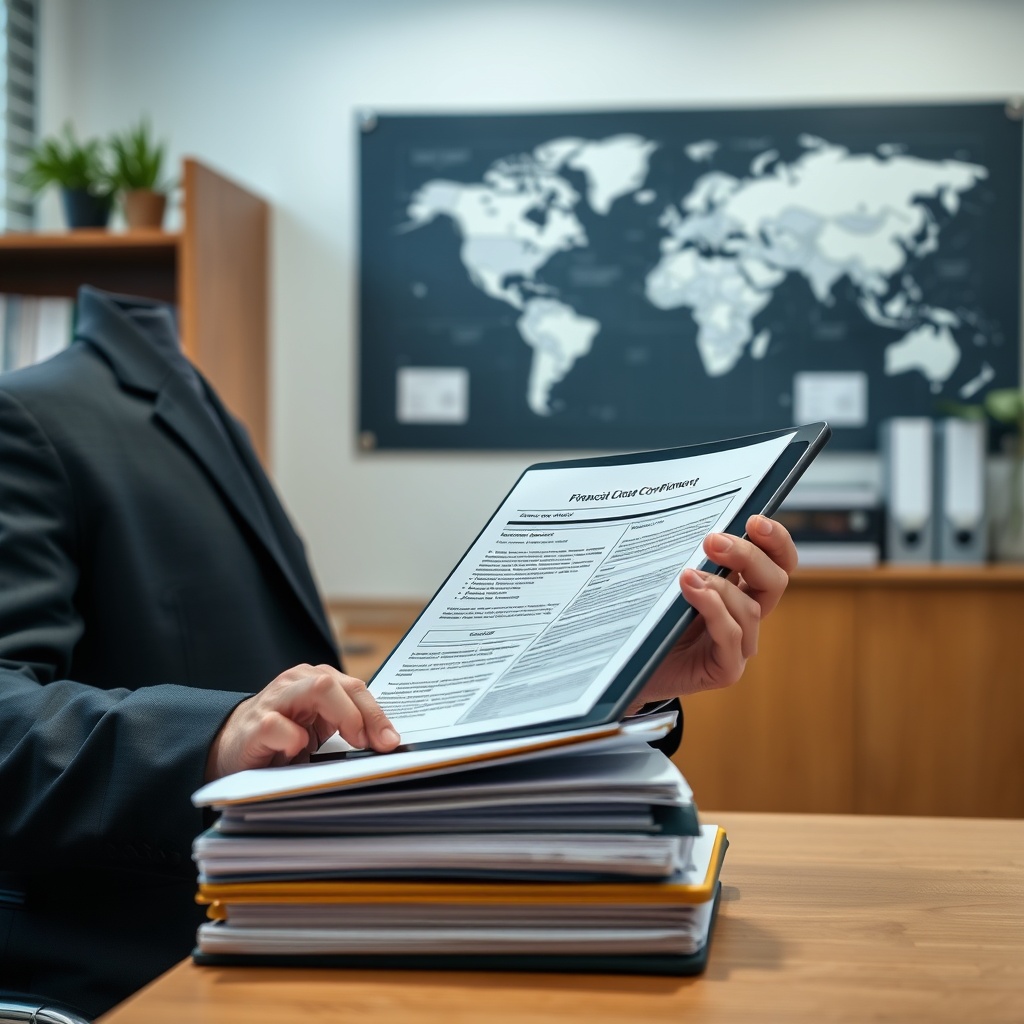 Professional stock photo of a businessperson in a suit reviewing a detailed financial compliance document on a tablet, with a stack of organized files and a world map on the office wall.