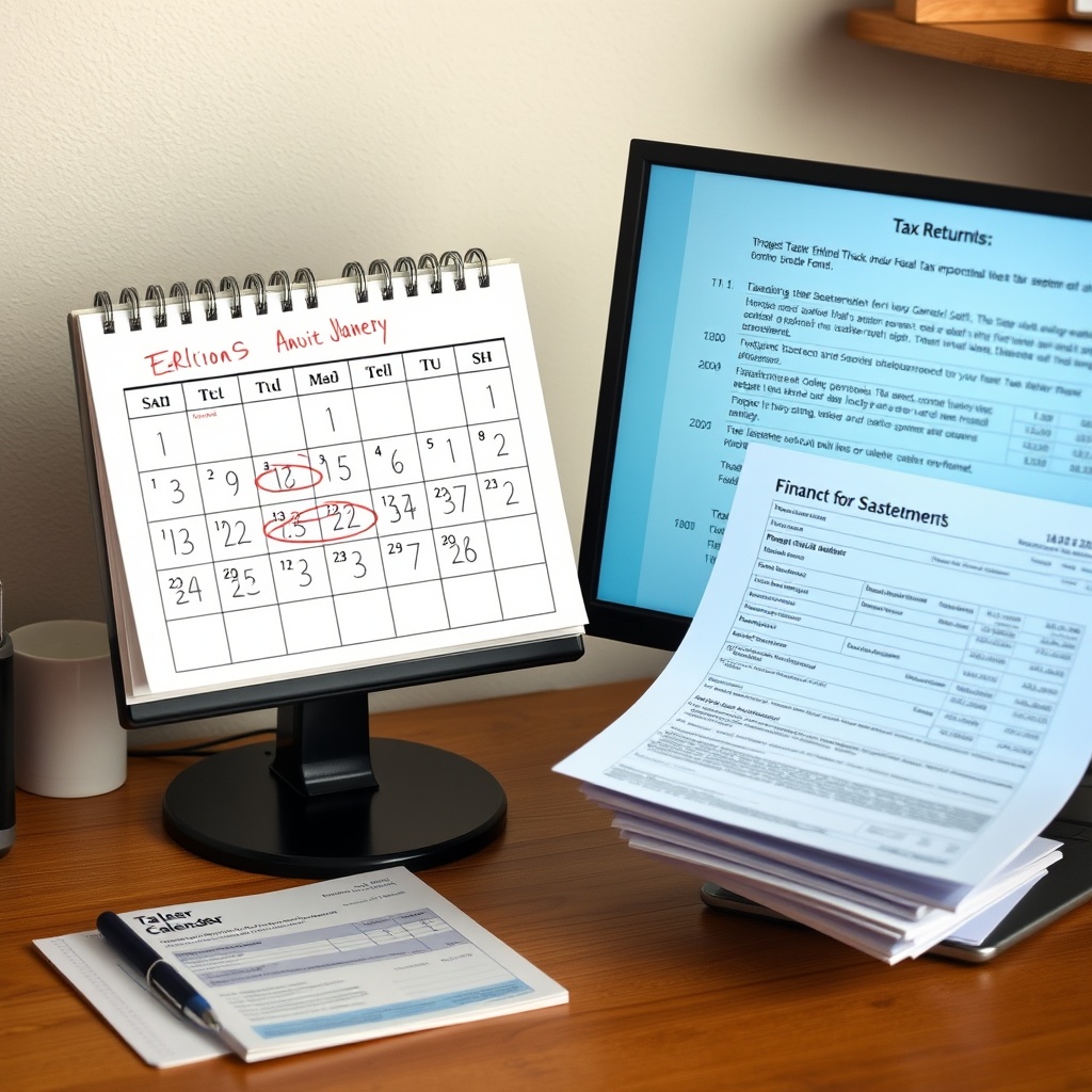 Professional stock photo of a calendar marked with important filing deadlines, next to a computer screen displaying a tax return form and printed financial statements on a wooden desk.