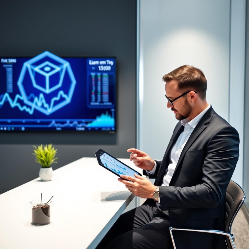 Professional stock photo of a modern tax advisor in a sleek Luxembourg office, reviewing digital financial charts on a tablet, with a subtle blockchain visualization on a screen in the background.