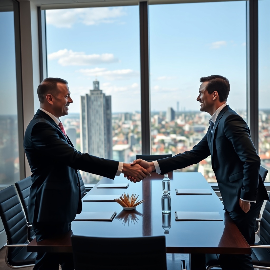 Professional stock photo of a handshake between international business partners in a modern Luxembourg boardroom, with a cityscape view and a subtle digital token graphic on a window.