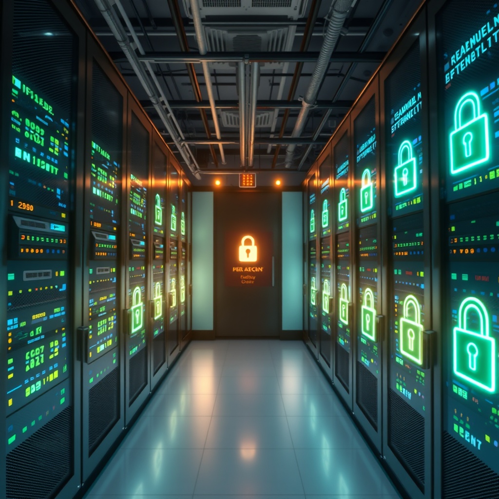 Professional stock photo of a secure server room with glowing blockchain nodes and digital lock icons, representing technological infrastructure for digital asset custody in a financial institution setting.