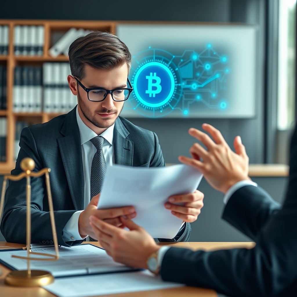 Professional stock photo of a lawyer and client reviewing legal documents with digital tablet showing blockchain interface, symbolizing legal considerations and client asset protection in custody services.