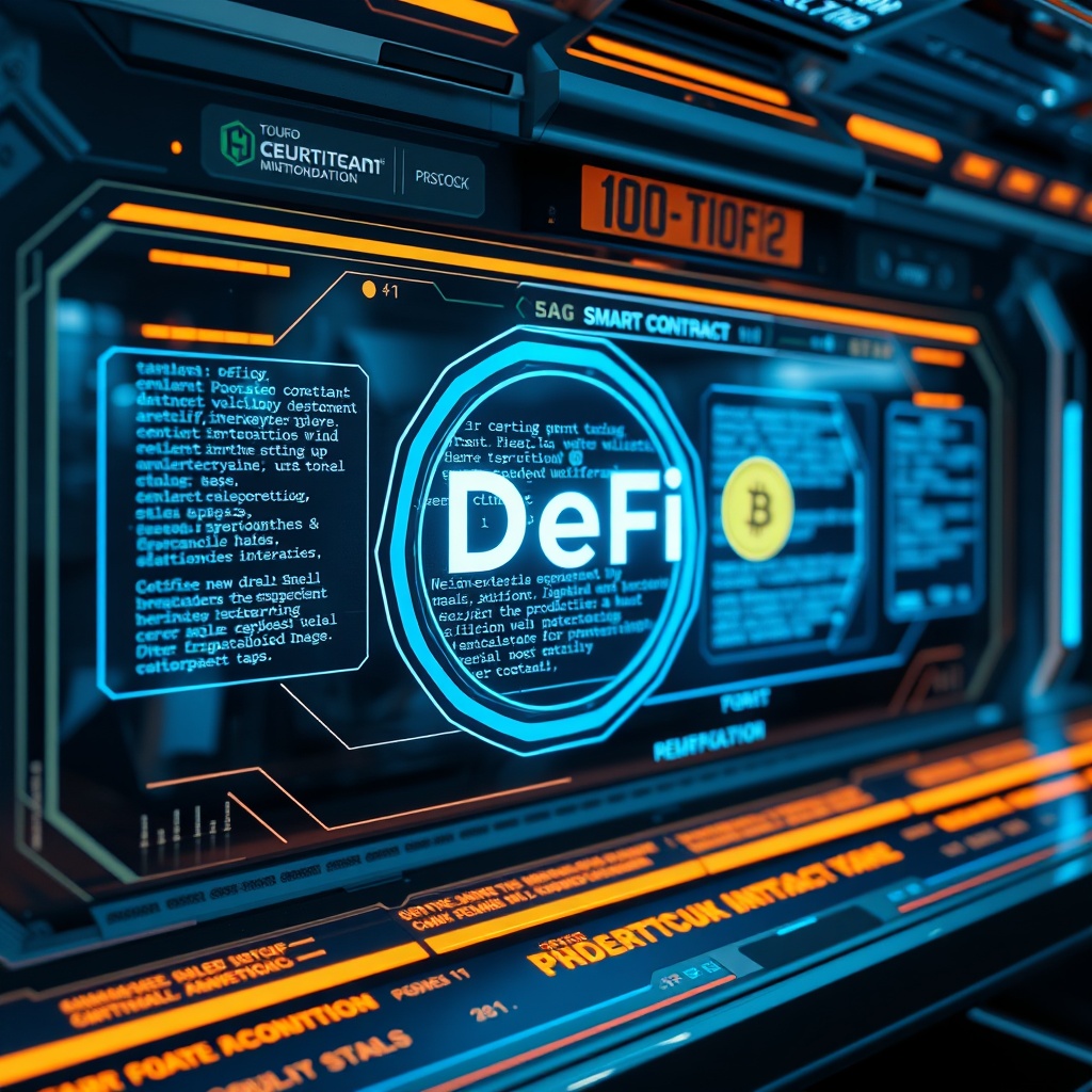 Professional stock photo of futuristic technology interface with holographic displays showing DeFi protocols and smart contract code, representing advanced custody solutions and future innovations.