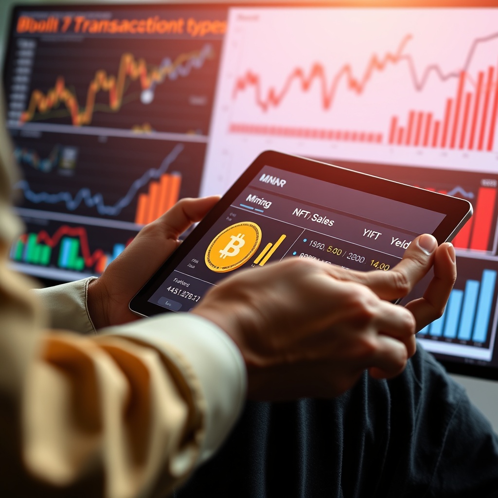 Professional stock photo of a person analyzing cryptocurrency transaction types on a digital tablet, with charts and graphs in the background, representing trading, mining, staking, NFT sales, and DeFi yield.