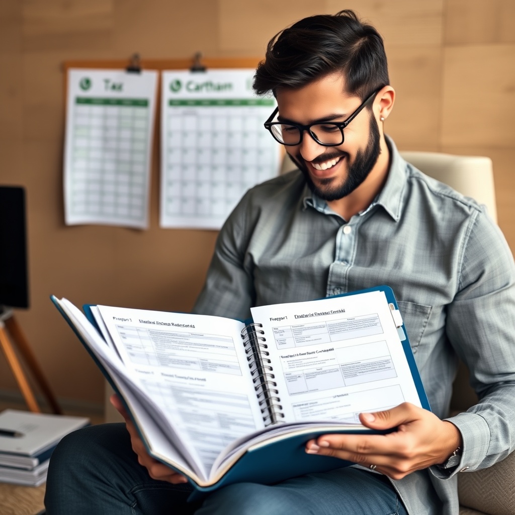 Professional stock photo of a satisfied expat investor organizing crypto tax records in a neat folder, with a checklist and calendar in the background, depicting successful compliance.