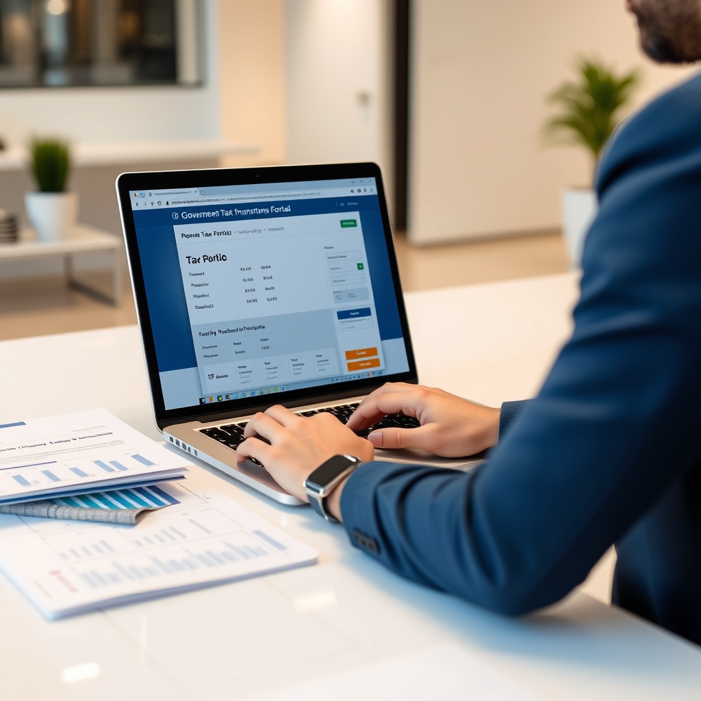 Professional stock photo of a person using a laptop to navigate a government tax portal interface, with documents and financial projections neatly organized on a modern desk, clean office background.