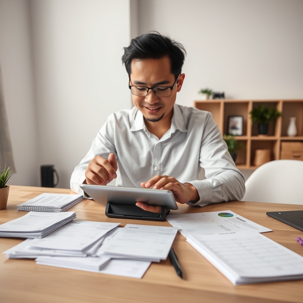 Professional stock photo of a Malaysian freelancer using a tablet to track income and expenses, with organized receipts and invoices neatly arranged on a modern desk, natural lighting, clean office background.