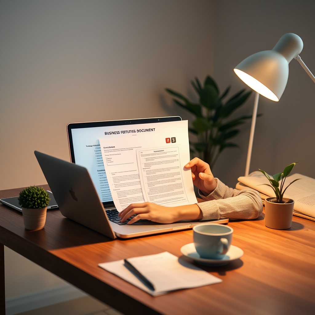 Professional stock photo of a Malaysian freelancer reviewing business registration documents on a laptop, with a coffee cup and plant on a wooden desk, warm lighting, minimalist office setting.