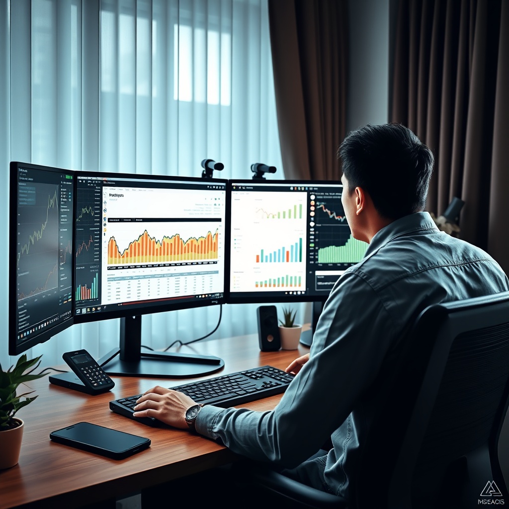 Professional stock photo of a Malaysian freelancer using accounting software on a dual monitor setup, with financial charts displayed, modern home office environment, focused atmosphere.