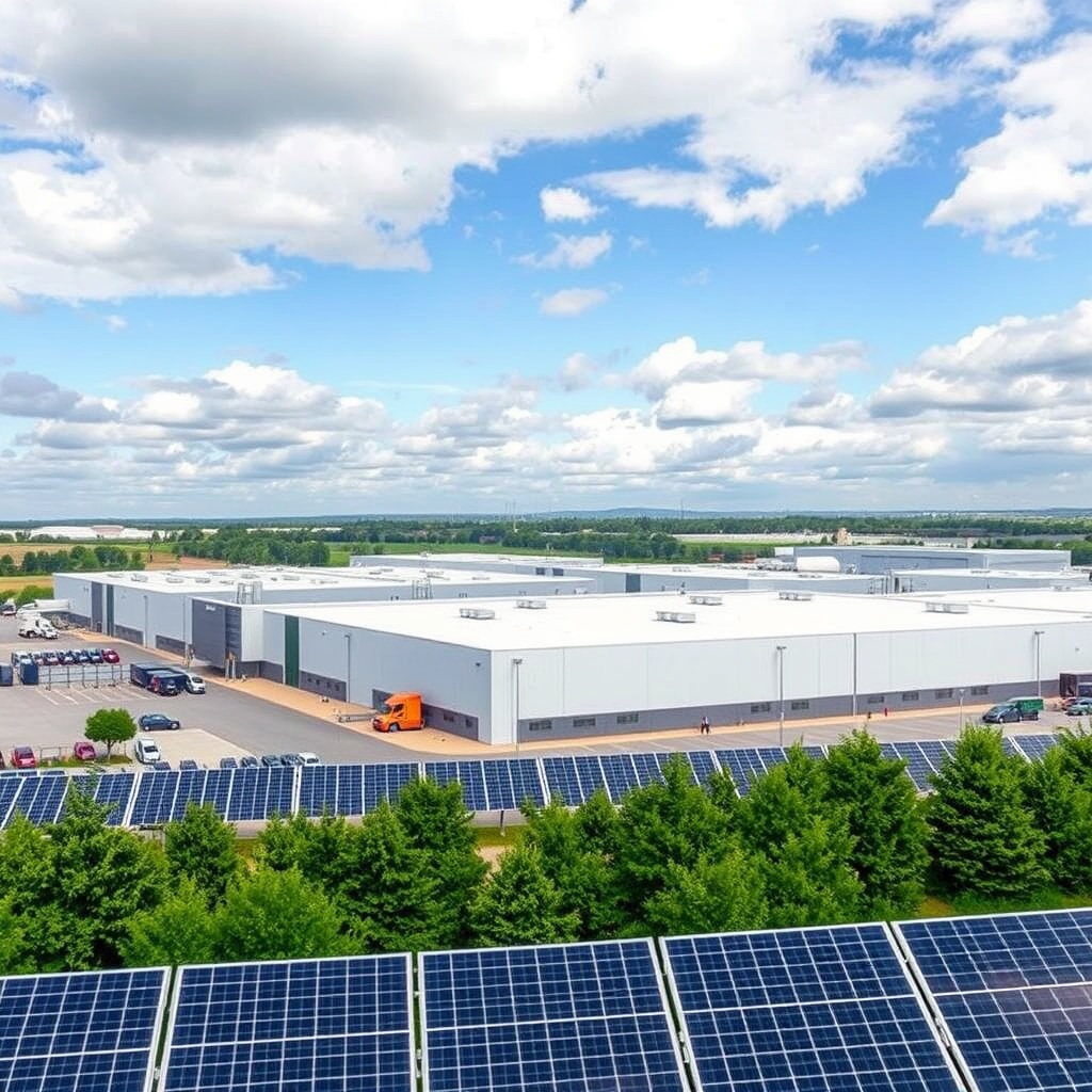 Professional stock photo of a modern industrial park or logistics hub in Hungary, with solar panels visible, representing regional development zones and special economic areas for green energy and sustainability projects.
