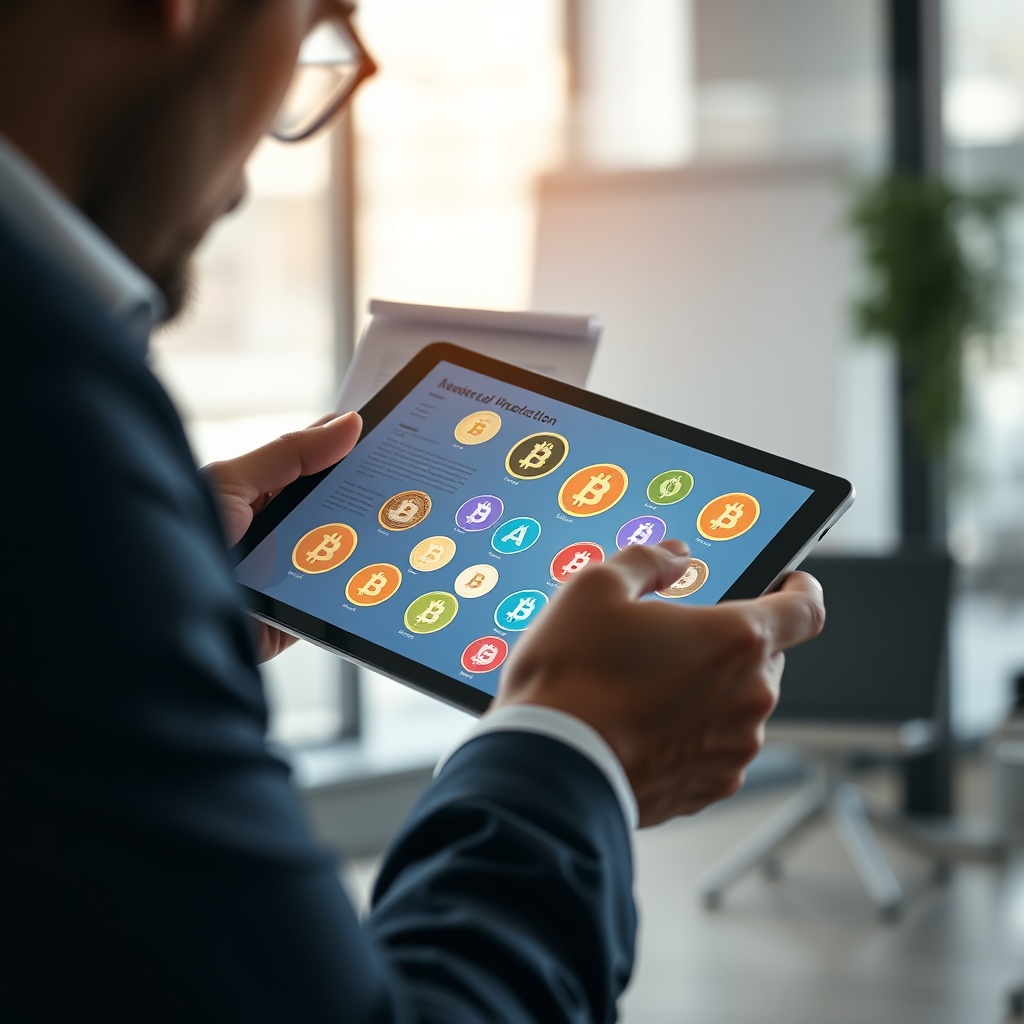 Professional stock photo of a person analyzing a digital tablet displaying colorful cryptocurrency token icons, with a legal document in the background, in a modern office setting with natural light.