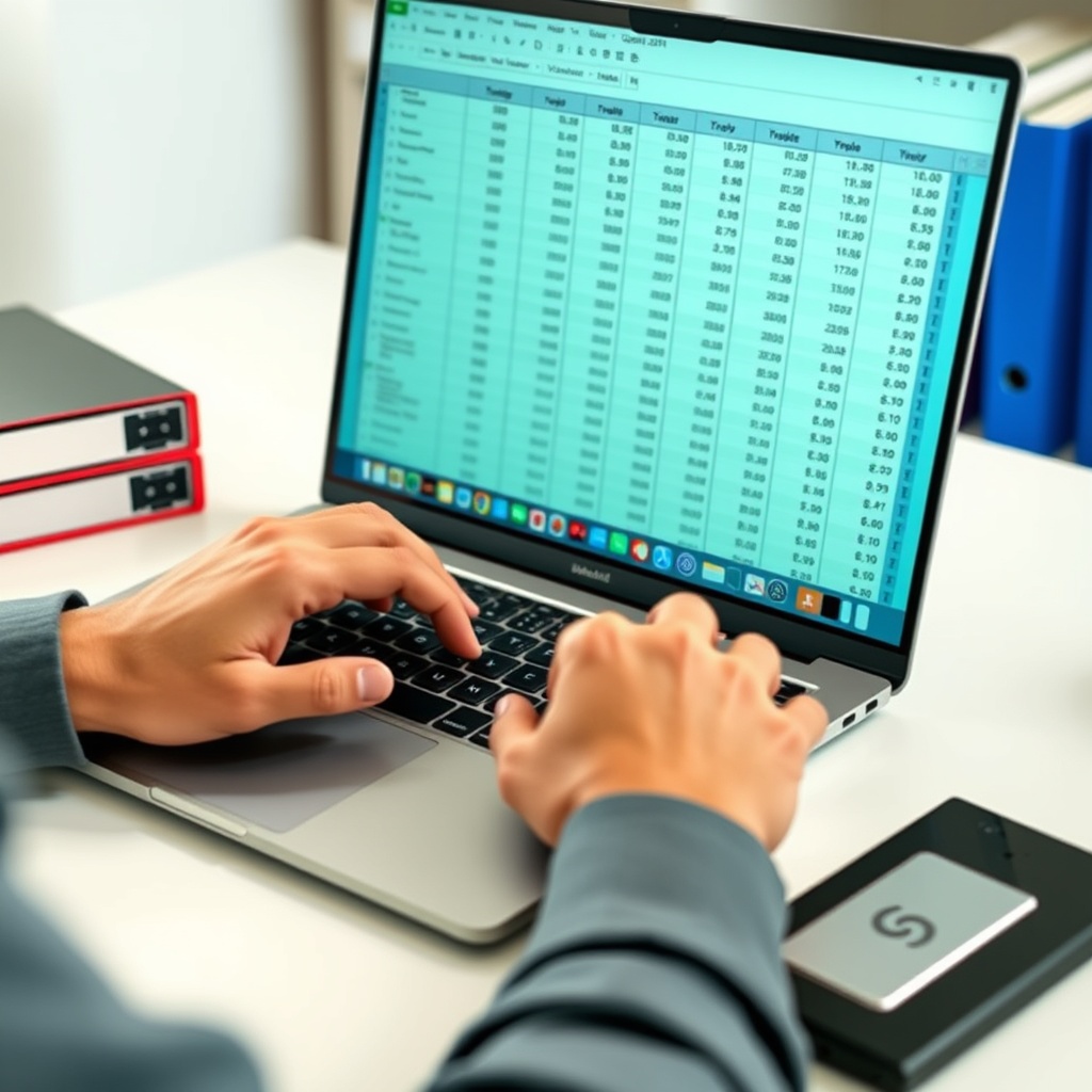 Professional stock photo of a person using a laptop to track cryptocurrency transactions on a spreadsheet, with secure backup drives and organized folders visible on a clean desk.