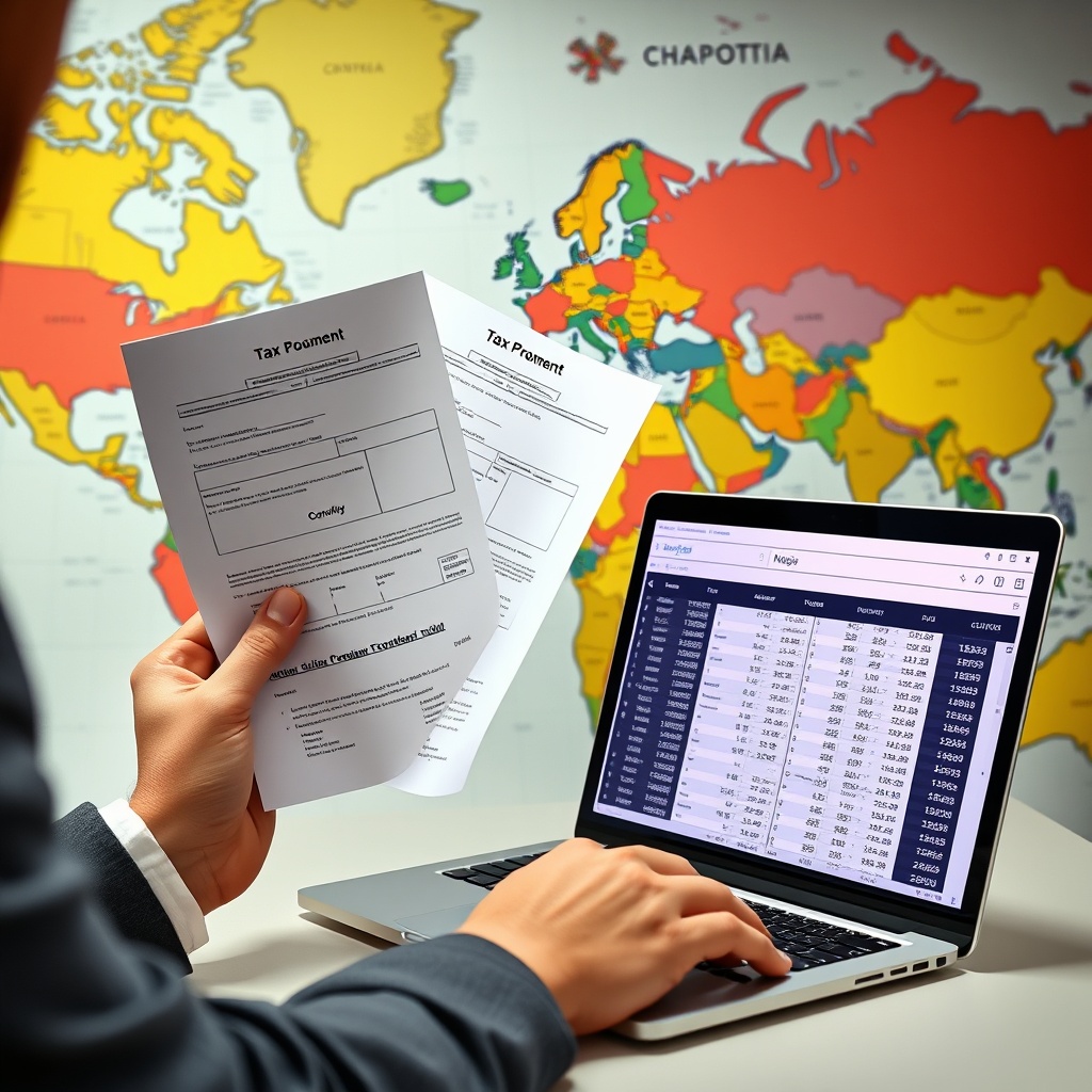 Professional stock photo of a person comparing tax documents from different countries on a world map backdrop, with a laptop showing international crypto exchange data.