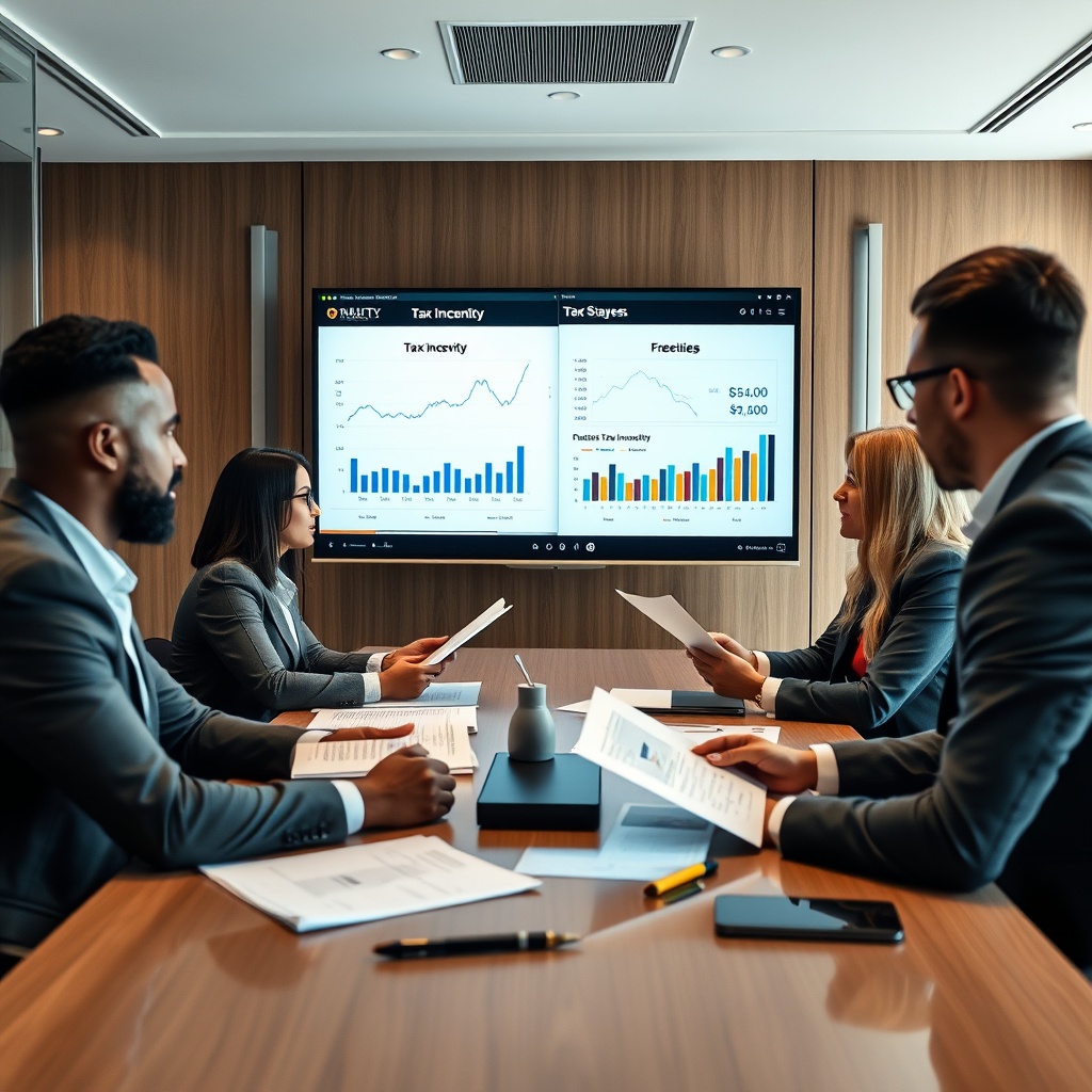 Professional stock photo of a diverse team of business professionals in a modern boardroom analyzing case study documents and financial charts on a screen, representing successful tax incentive applications.