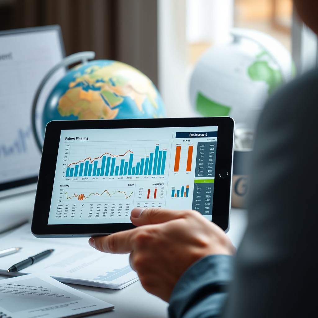 Professional stock photo of a person planning long-term finances, looking at investment charts on a tablet with a retirement savings calculator and a globe in the background, representing retirement and wealth-building strategies.