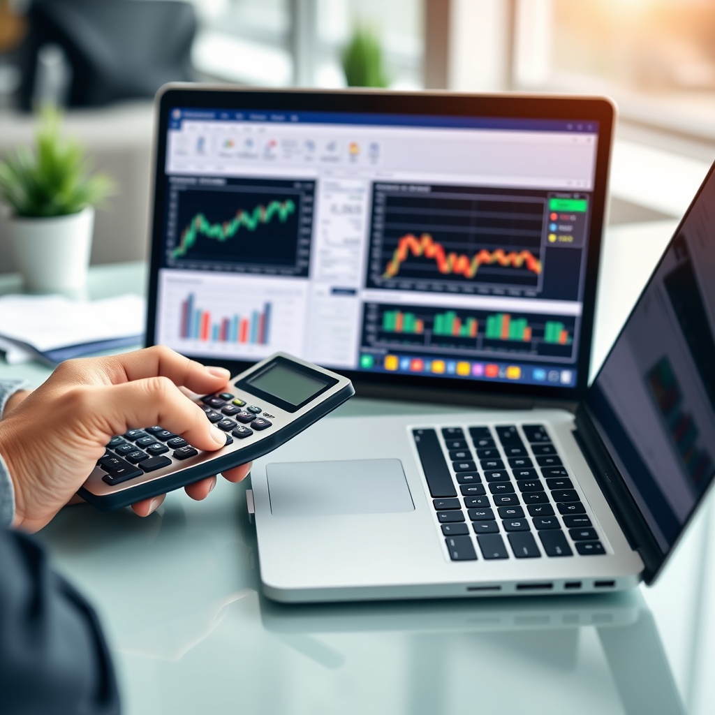 Professional stock photo of a person using a calculator and laptop with cryptocurrency charts on screen, symbolizing tax calculation and record-keeping for digital assets in an office setting.