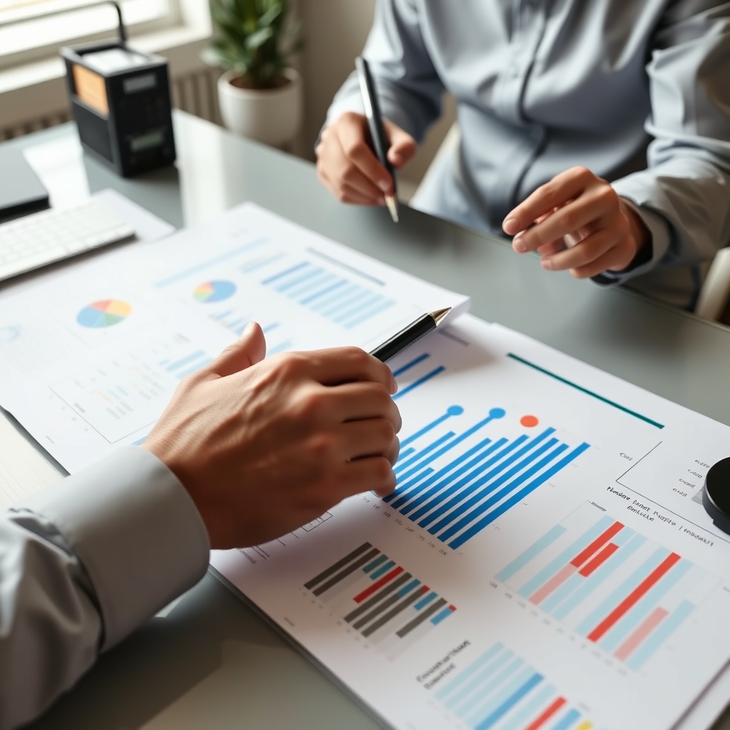 Professional stock photo of a person analyzing financial charts and documents on a desk, representing case studies and troubleshooting of tax scenarios in a modern workspace.