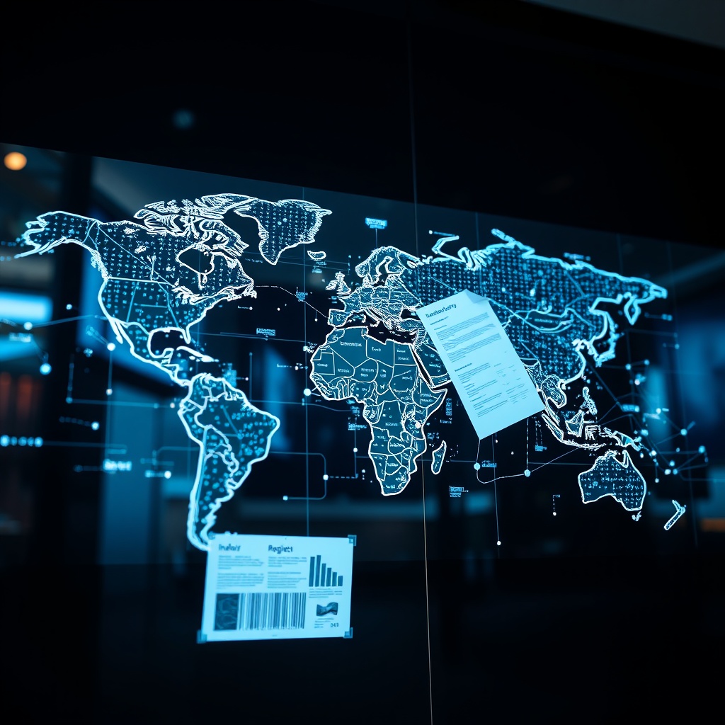 Professional stock photo of a global map with digital connections and regulatory documents, symbolizing industry insights and international regulatory trends in a corporate environment.