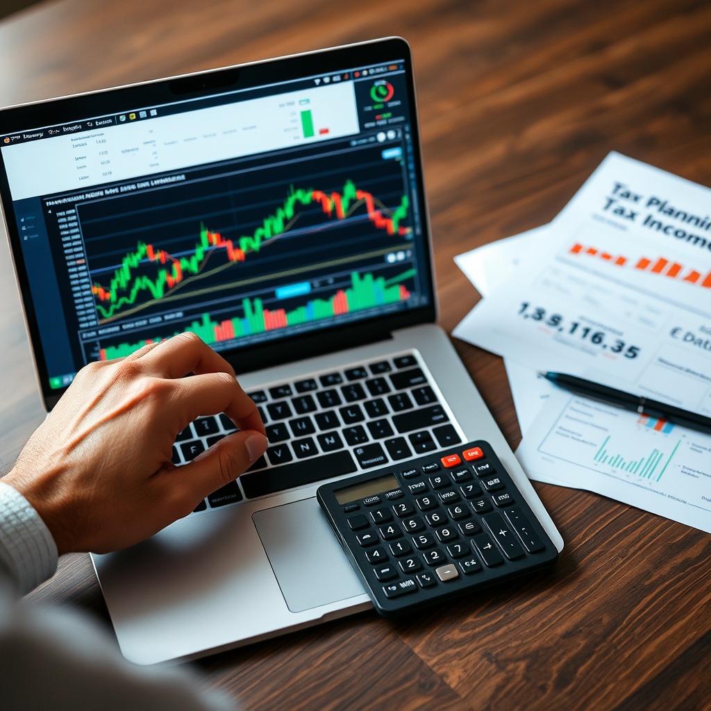 Professional stock photo of a person analyzing cryptocurrency trading charts on a laptop, with a calculator and documents nearby, representing tax planning for crypto income.
