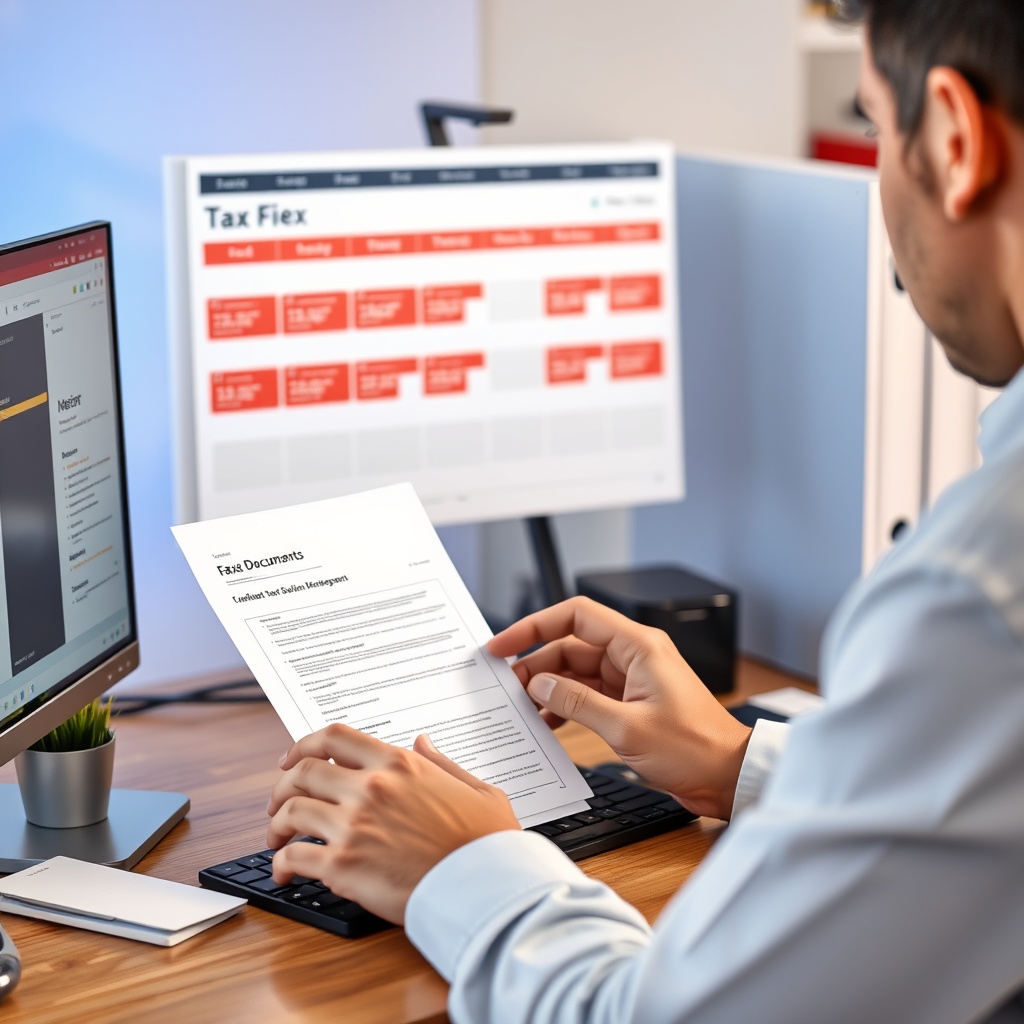 Professional stock photo of a person filing digital tax documents on a computer, with a calendar showing deadlines and organized folders in the background.
