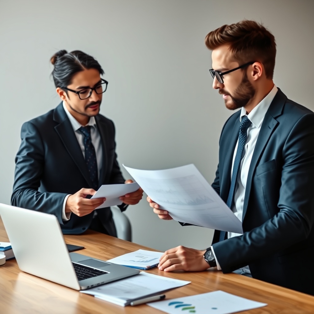 Professional stock photo of a business meeting between an expat and a professional tax advisor, discussing documents with a laptop displaying crypto charts.