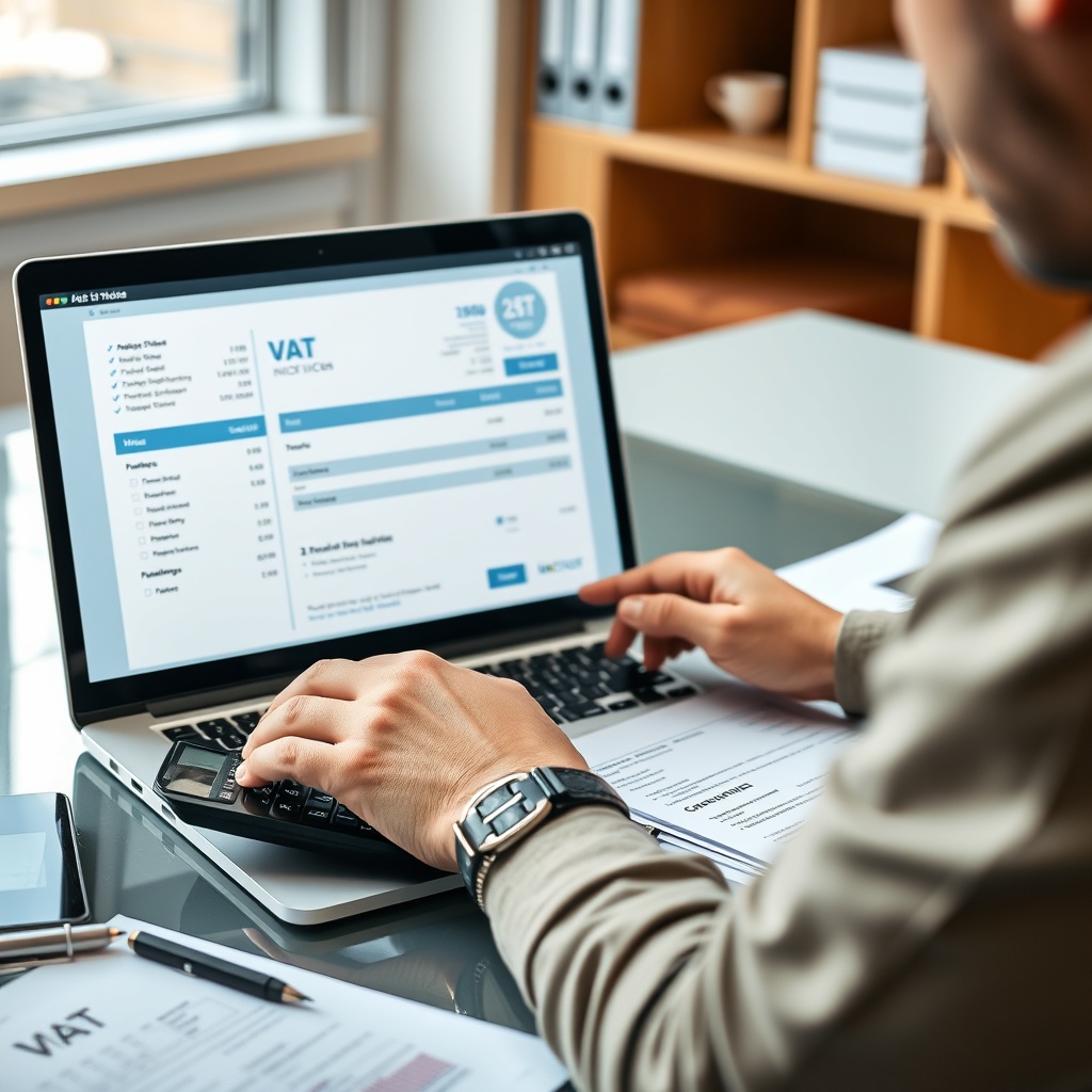 Professional stock photo of a freelancer analyzing a VAT invoice on a laptop screen, with a calculator and tax documents neatly arranged on a modern desk, representing VAT administration and compliance.
