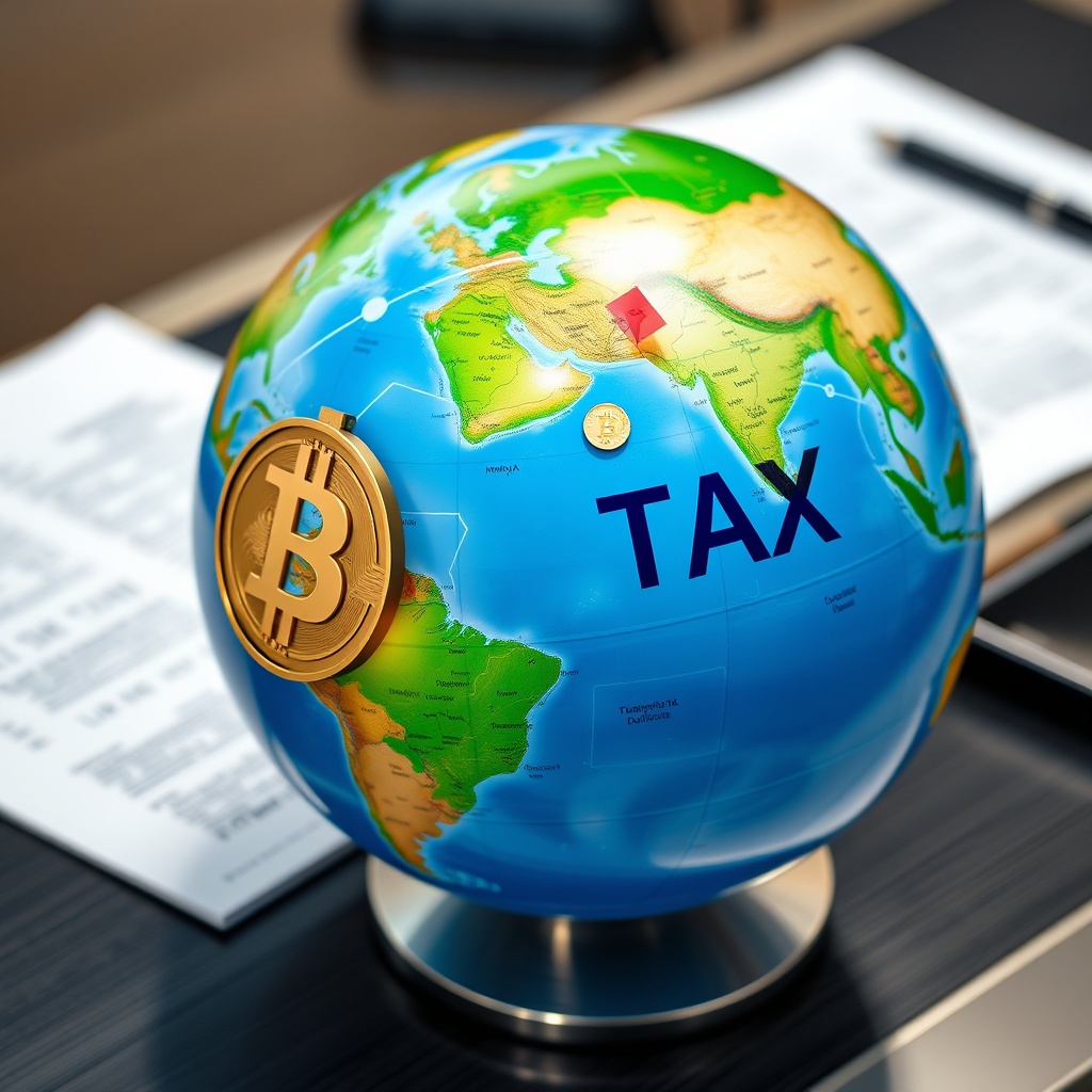 Professional stock photo of a globe with digital connections and cryptocurrency symbols overlaid, representing international tax comparisons, on a sleek desk with documents.