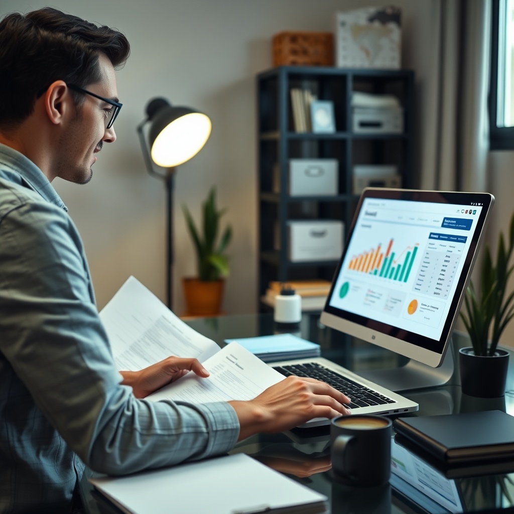 Professional stock photo of a modern freelancer in a home office setting, organizing financial documents and using a laptop with accounting software visible on screen, representing financial infrastructure setup.