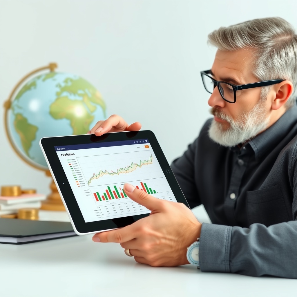 Professional stock photo of a freelancer reviewing investment portfolio charts on a tablet, with a globe and financial symbols in the background, symbolizing retirement and wealth building strategies.