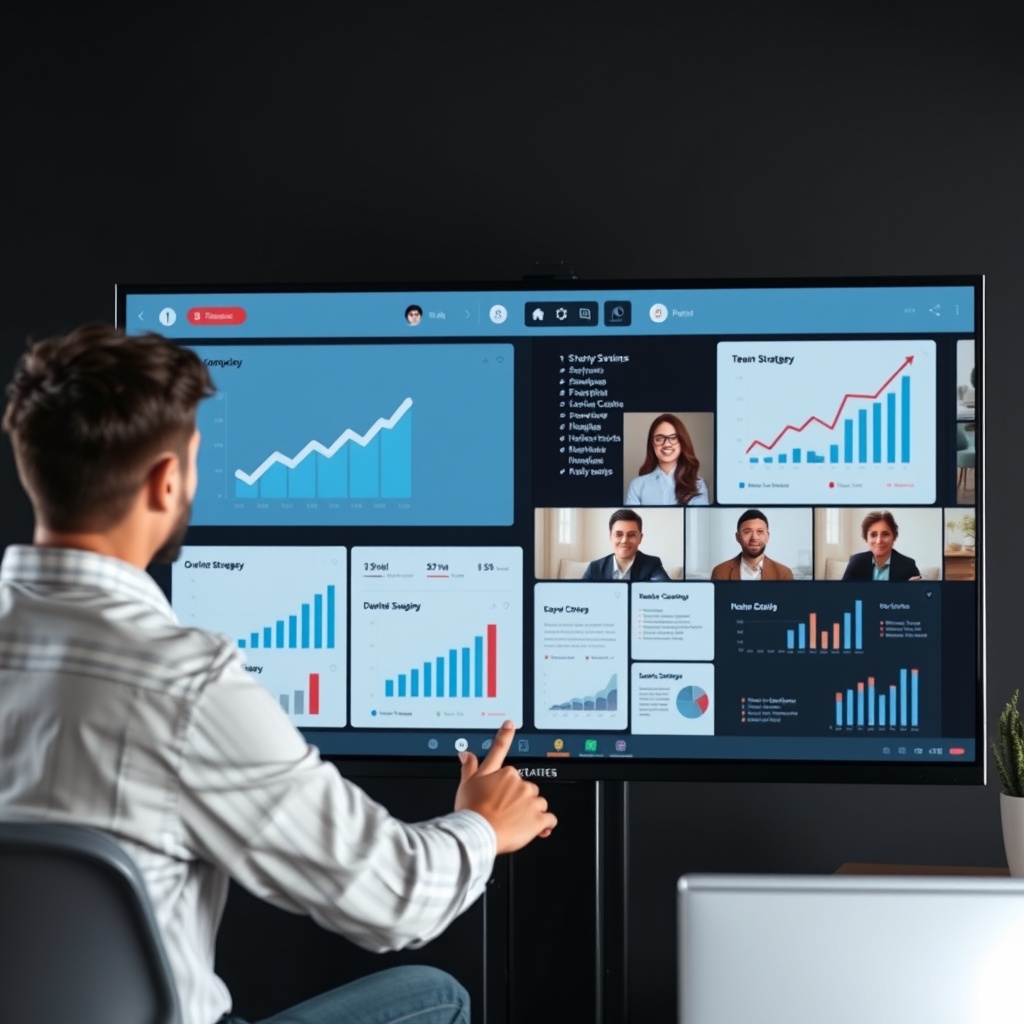 Professional stock photo of a freelancer leading a virtual team meeting on a large monitor, with growth charts and business strategy diagrams displayed, illustrating business scaling.