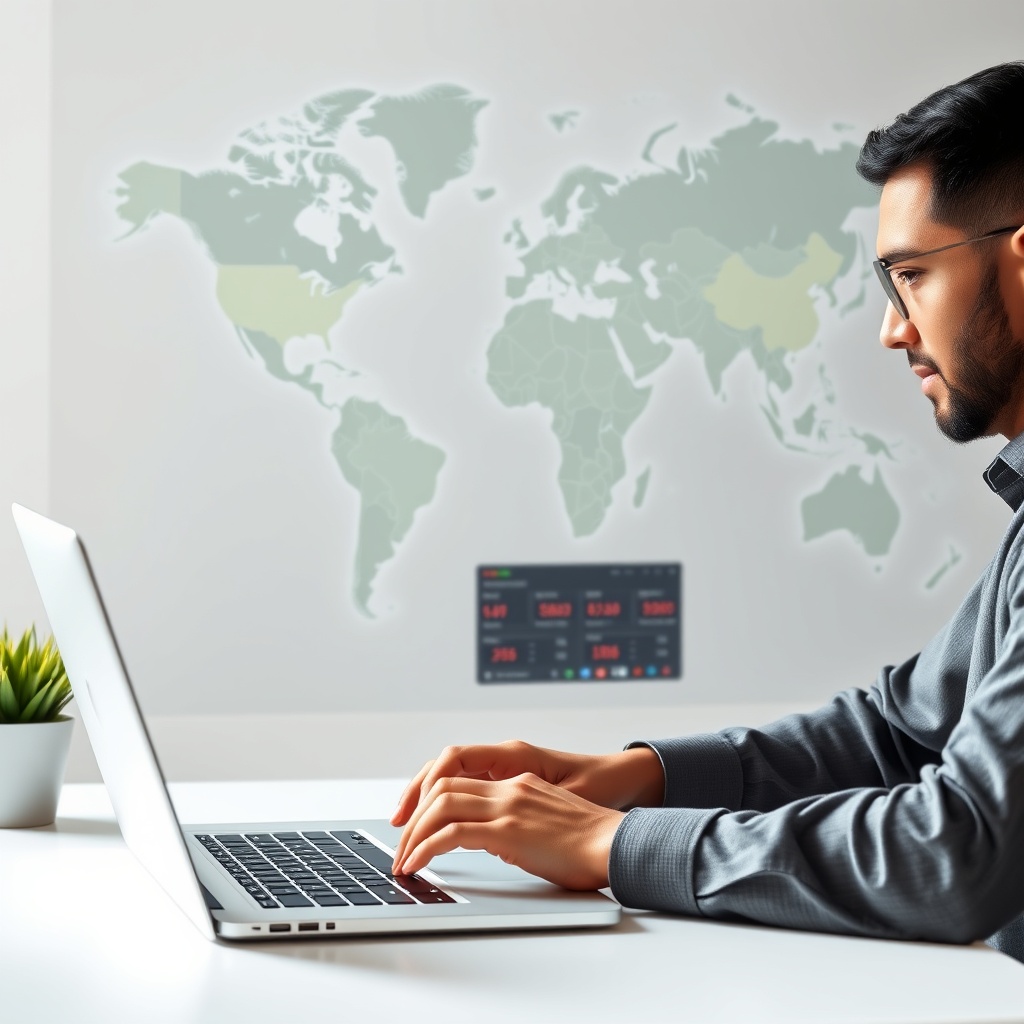 Professional stock photo of a freelancer working on a laptop showing international payment interfaces and currency exchange rates, with a world map in the background, symbolizing global income and cross-border financial management.
