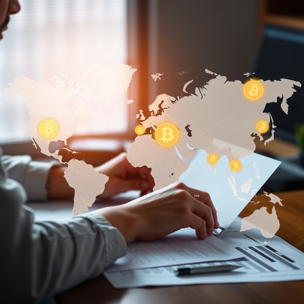 Professional stock photo of a person working on international tax documents and a world map, with digital currency icons overlaying different countries, representing cross-border crypto transactions and treaties.