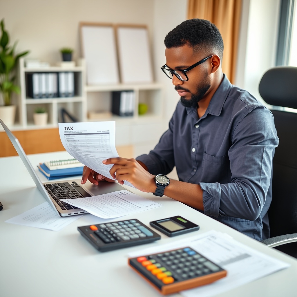 Professional stock photo of a Mauritanian freelancer reviewing tax documents on a laptop, with a calculator and financial papers on a modern desk, showing focused financial planning in a home office setting.