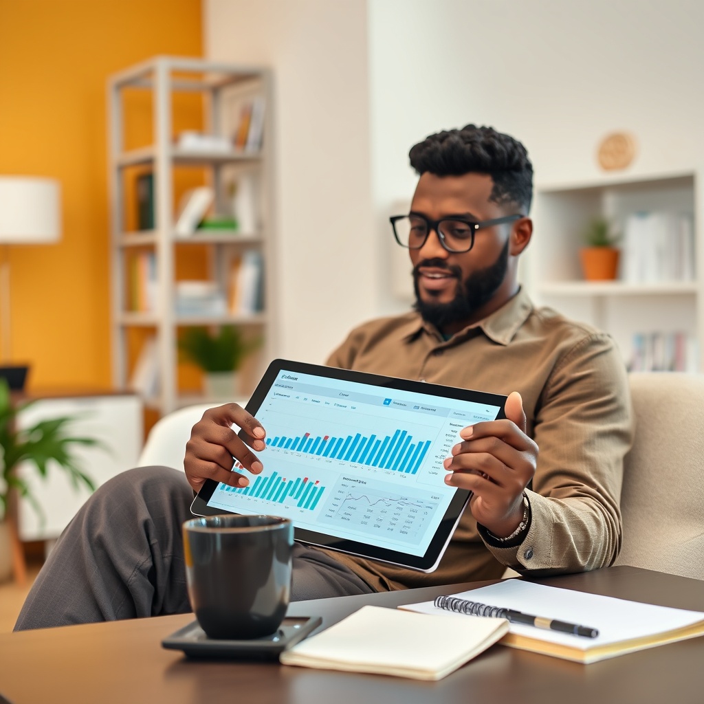 Professional stock photo of a Mauritanian freelancer analyzing investment charts on a tablet, with a coffee cup and notebook nearby, depicting strategic retirement planning in a contemporary workspace.