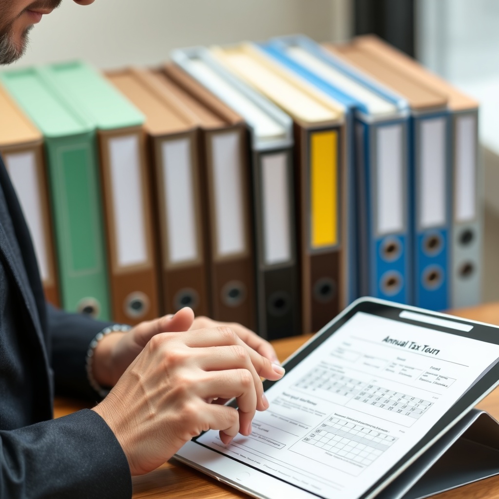 Professional stock photo of a freelancer reviewing annual tax return documents and audit checklists on a tablet, with organized file folders in the background, representing compliance and regulatory navigation.