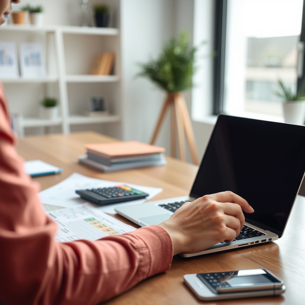 Professional stock photo of a person calculating taxes on a laptop with a calculator and documents, focused on income tax calculations for freelancers in a modern home office setting.